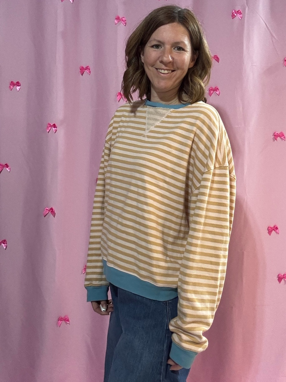 We The Free Cream & Tan Striped Crewneck with Blue Trim sweatshirt pullover